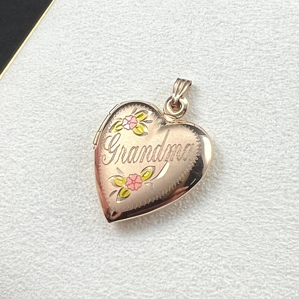 Vintage Gold Filled Locket Grandma Heart Floral Hand Painted 14KT GF Signed TK - Picture 3 of 8